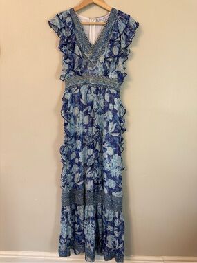 Just Bellina Blue Floral Shimmer Maxi Dress XS Wedding Guest Glam NWT